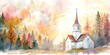 Watercolor banner, church steeple, Easter morning service, soft sunrise, tranquil, wide faith. 