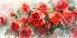Watercolor banner, bouquet of roses, vibrant reds, dew-kissed, midday, wide, timeless affection.