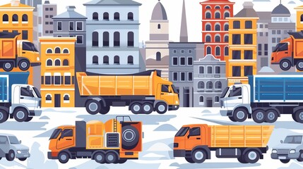 A seamless vector illustration features building trucks, ideal for t-shirt designs and other textile graphics, adding a stylish and functional element to apparel