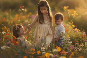 Canvas Print - A proud sister holding her baby brother and sister's hands, guiding them through a field of flowers.