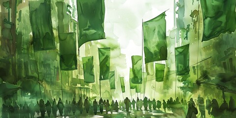 Wall Mural - Watercolor banner, parade through town, festive crowd, green banners waving, afternoon, wide community.