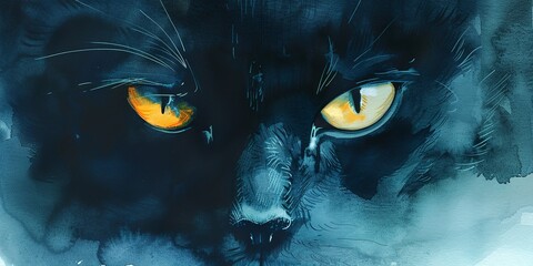 Poster - Banner, black cat eyes, watercolor, glowing in the dark, sharp contrast, night, wide mysterious gaze. 