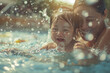 A mom and baby having a joyful splash in a pool, with water droplets frozen in mid-air.