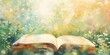 Watercolor banner, motherâ€™s favorite book, open pages, soft-focus garden background, golden hour, wide, literary homage. 
