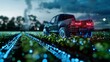 Another 3D rendering shows agriculture and farming with a car truck in a holographic futuristic display, focusing on technology security for premium business finance in the agriculture sector