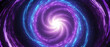 Cosmic particle spiral vortex abstract background with whirlpool of blue neon purple colors and vibrant lens flare at center. 