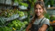 Happy female gardener in apron at sustainable greenhouse, surrounded by fresh herbs and plants, urban farming concept.