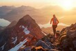 Runner trekking the mountain trails at sunrise with majestic views
