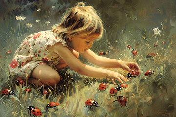 Canvas Print - A sweet girl in a flower-print dress playing with a group of friendly ladybugs.