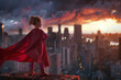 A little girl wearing a superhero cape, striking a powerful pose against a city skyline.