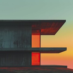 Wall Mural - The shadow of a minimalist structure against a vivid sunset, capturing the complex beauty of simplicity in architecture.