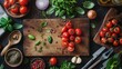 An overhead shot of a beautifully arranged cutting board with fresh vegetables, herbs, and kitchen utensils, conveying the concept of healthy eating and home cooking.