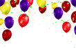 Purple balloons and confetti on white background. Vector illustration.