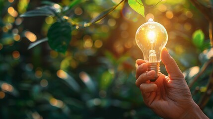 Wall Mural - Hand holding a light bulb with light growing for renewable energy. creative ideas for save environment and sustainable.