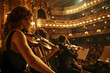 Musicians playing violins during a live performance in a grand theater