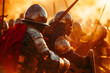 Fierce medieval warriors clad in armor engage in brutal combat during a golden-hour battle, evoking historical warfare