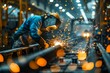 Welder at work in industrial setting, sparks flying from welding torch.