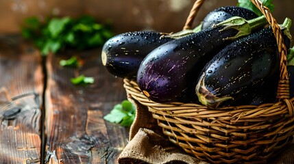 Fresh raw eggplant in a basket over wooden background. Eggplant harvest season concept. Vegetables for a healthy diet. Close up