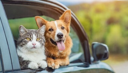 Wall Mural - Funny portrait of cat and dog in the car on road trip. Panoramic banner, travel concept