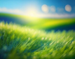 Wall Mural - Sunny spring meadow blur background, blue sky to green grass gradient