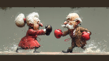 Cartoon illustration of an old couple boxing