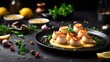 Cooking grilled scallops in a creamy butter lemon or Cajun spicy dripping sauce with herbs is the dish of a fine dining chef. The recipe is displayed as a broad banner poster on a black background 