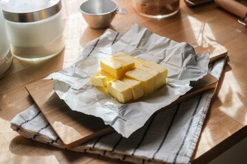 the cubes of butter in the paper and the cutting board surround with ingredients and utensils for ba