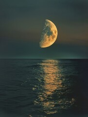 Wall Mural - Majestic Full Moon Rising Over Tranquil Ocean Waves at Sunset - A Breathtaking Natural Scenery for Relaxation and Inspiration