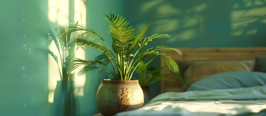 Wall Mural - Placed on a cozy bed, a vibrant green plant in a decorative pot brings life and freshness to the indoor room setting