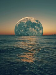 Wall Mural - Majestic Full Moon Rising Over Tranquil Ocean Waves at Sunset - A Breathtaking Natural Scenery for Relaxation and Inspiration