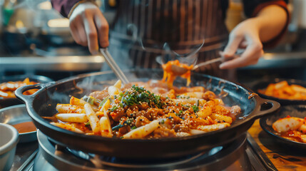 Wall Mural - Tteokbokki is being served by a restaurant waiter on the table