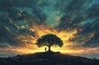 Illustrate a peaceful scene in vector art style showing a tree of knowledge standing tall, emanating a powerful glow of insight and inspiration for the viewer