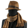 A mannequin wearing a winter hat and scarf isolated on a transparent background