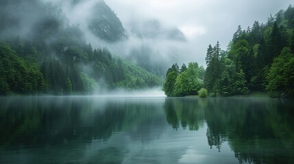 Wall Mural - Fog blankets a tranquil lake nestled among trees on a mountain, creating a serene and mystical scene. Generative AI