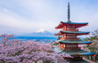 朝倉山浅間山公園の桜と富士山と五重塔。日本の山梨県の桜の名所。