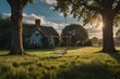 A quaint cottage on the edge of a meadow, with a swing hanging from a tree and a hammock strung between two others. The sky is a brilliant shade of blue and fluffy clouds float by.