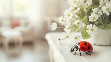 White Wall Living Room With Red Ladybug Adorned With Delicate Black Spots Leisurely Crawling On A Lush Wooden Sideboard, Macro Photography