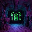 illustration of skeleton in a haunted mansion blacklight object, Generative ai