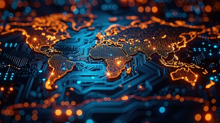 Wall Mural - the illuminated digital map of the world is engraved on a dark printed circuit board. innovative pc.