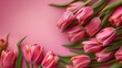 Attractive Pink Holiday banner, Bouquet of pink tulips on pink background, Mothers day, Valentines