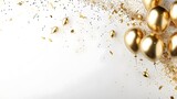 Fototapeta Przestrzenne - Gold fireworks abstract background, with shiny falling confetti and balloon on a white background. Party and celebration space for copy on the left. For Festivals, holidays, Design, Background, Cover,
