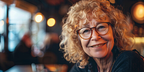 Wall Mural - portrait of a beautiful senior woman with curly blonde hair and glasses smiling, generative AI