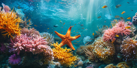 Wall Mural - underwater sea  with clear blue water with sunlight, 
 coral reef teeming with colorful fish and starfish, showcasing the beauty of marine life. 