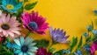 flowers arranged against a cheerful yellow background, forming an abstract and eye-catching natural floral frame. Wallpaper texture invite 