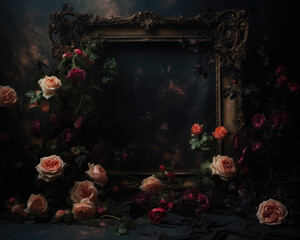 Wall Mural - Vintage picture frame and roses in vase on a dark background. Still life with flowers, copy space