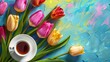 Superb Spring tulips and cup of coffee