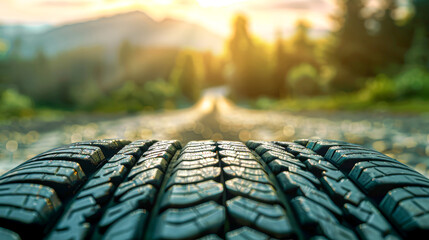 Sticker - A close up of a tire with the sun shining on it. The tire is wet and the sun is shining on it, creating a beautiful and serene atmosphere