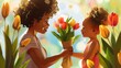 Eyecatching Cute girl giving tulip flowers to her mother holding baby sitting on arm chair