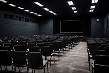 Empty Lecture Hall With Dark Walls Background And Chairs Design. 