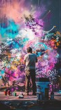 Fototapeta  - Depict a graffiti artist creating a stunning mural on a blank wall, incorporating glitch art elements to symbolize the fusion of creativity and technology in a modern urban environment